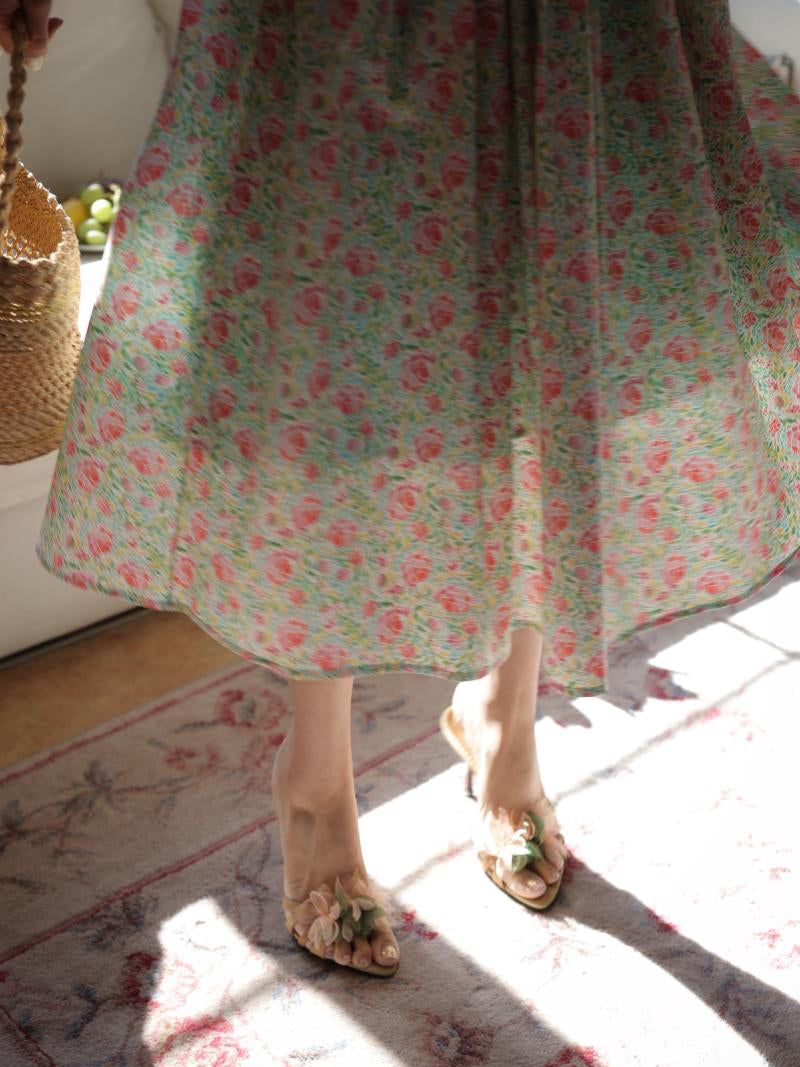 Peach green flower crowd retro dress