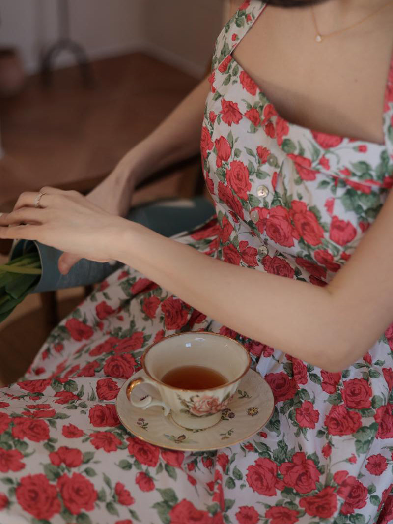 Crimson Rose Flower Retro Dress