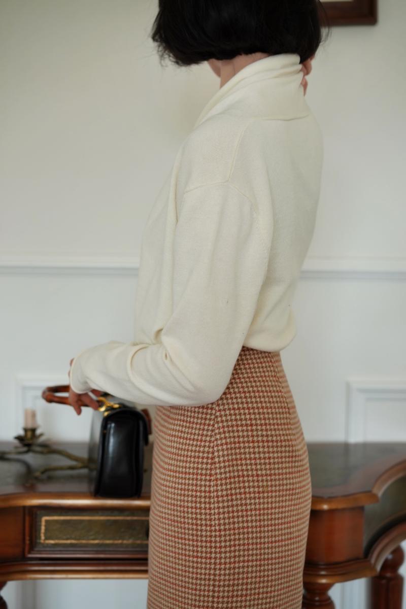 Orange brown houndstooth tweed tube skirt