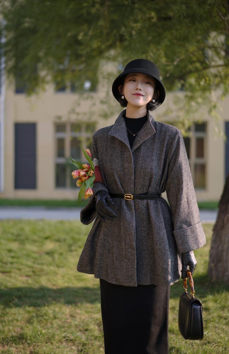 Black lady herringbone wool coat