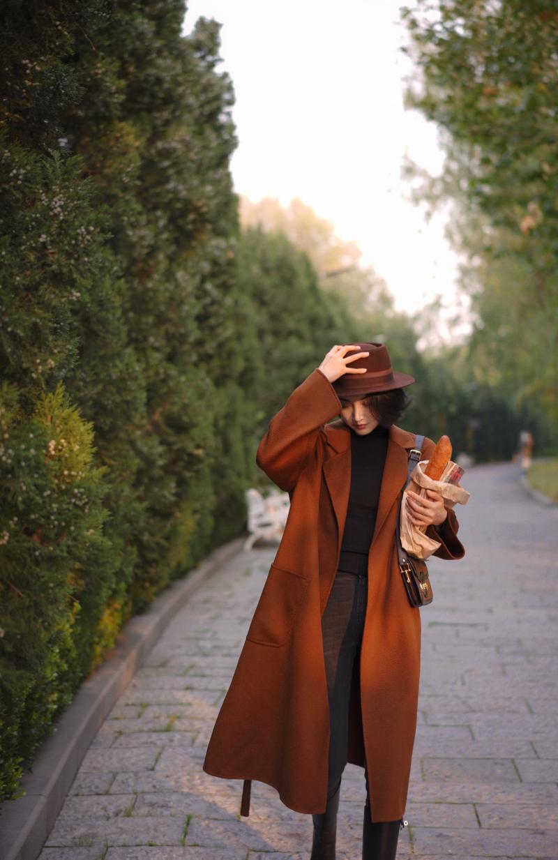 Gray Brown Lady Classical Long Wool Coat