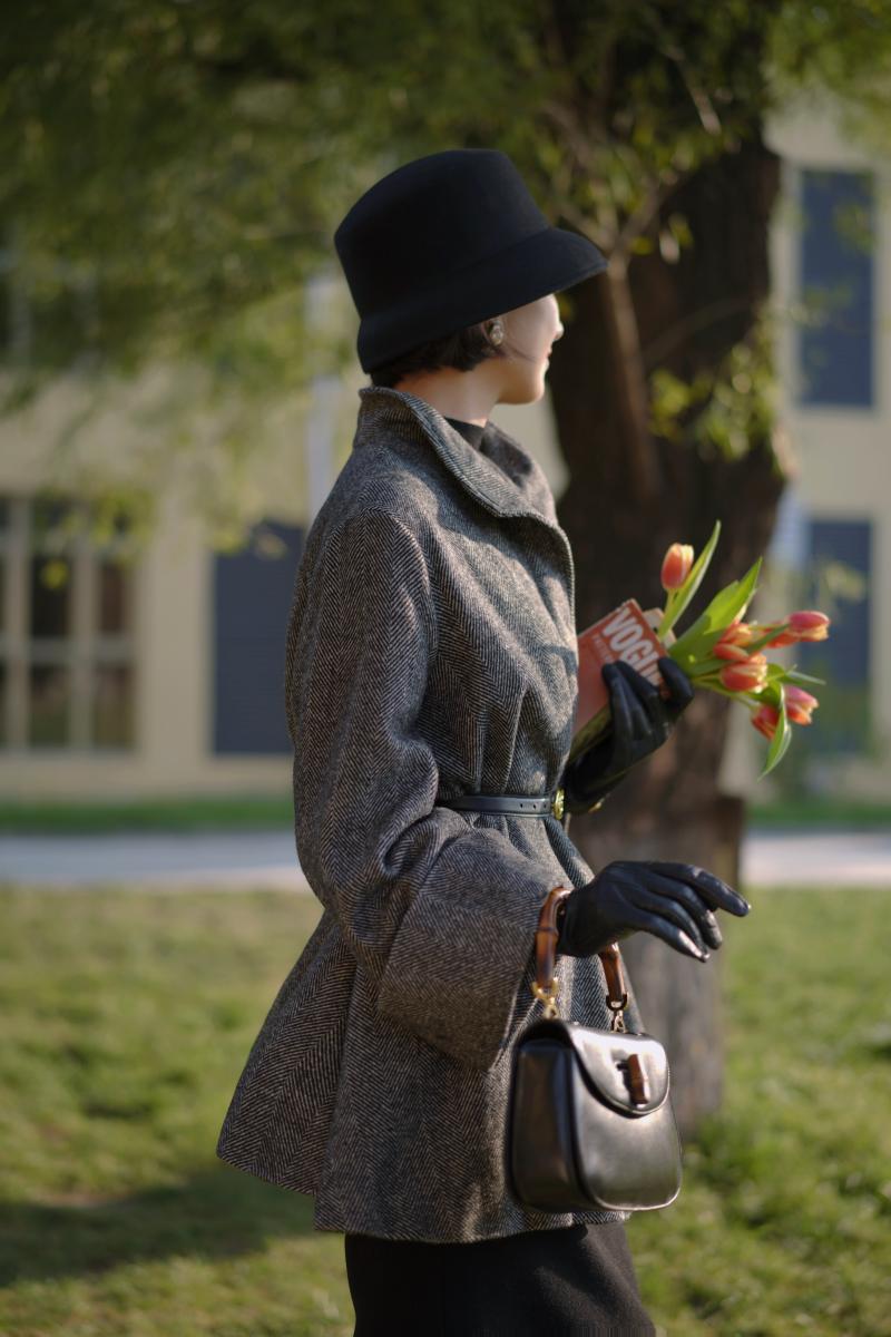 Black lady herringbone wool coat