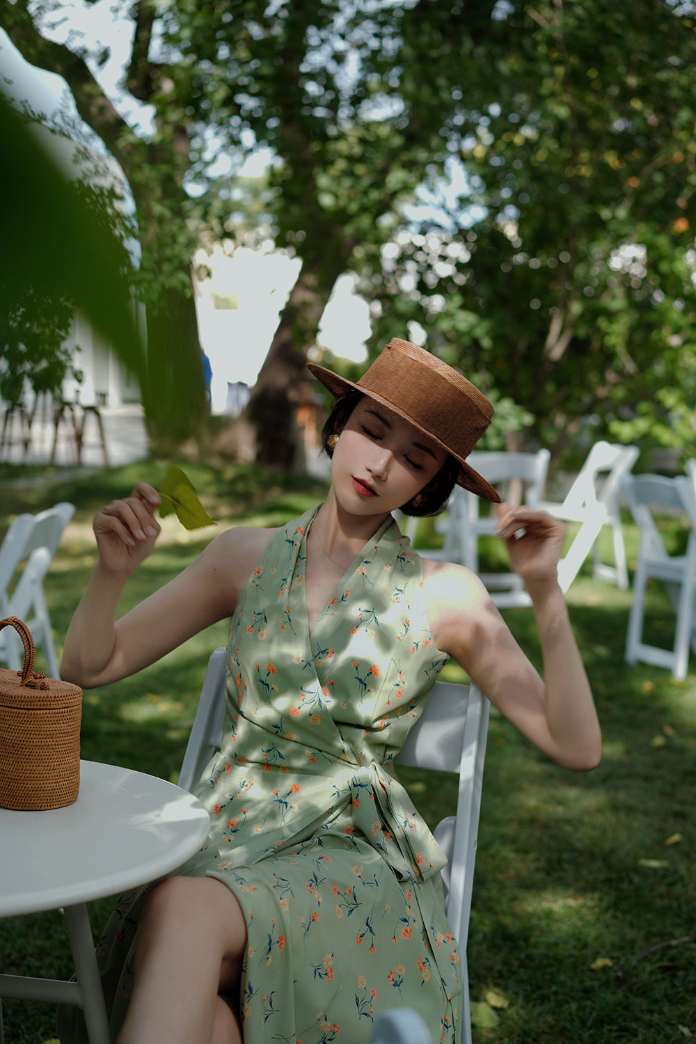 Gray green wrap sleeveless dress