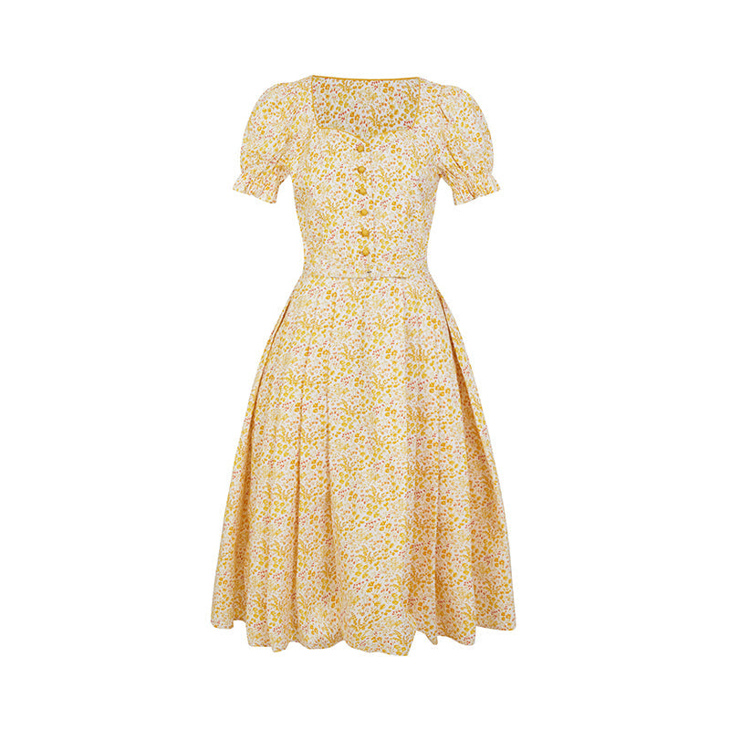 Yellow flower retro dress and embroidered apron