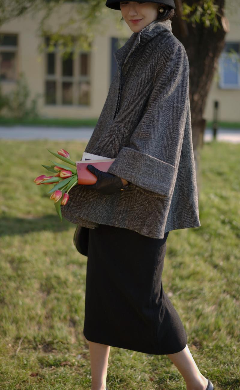 Black lady herringbone wool coat