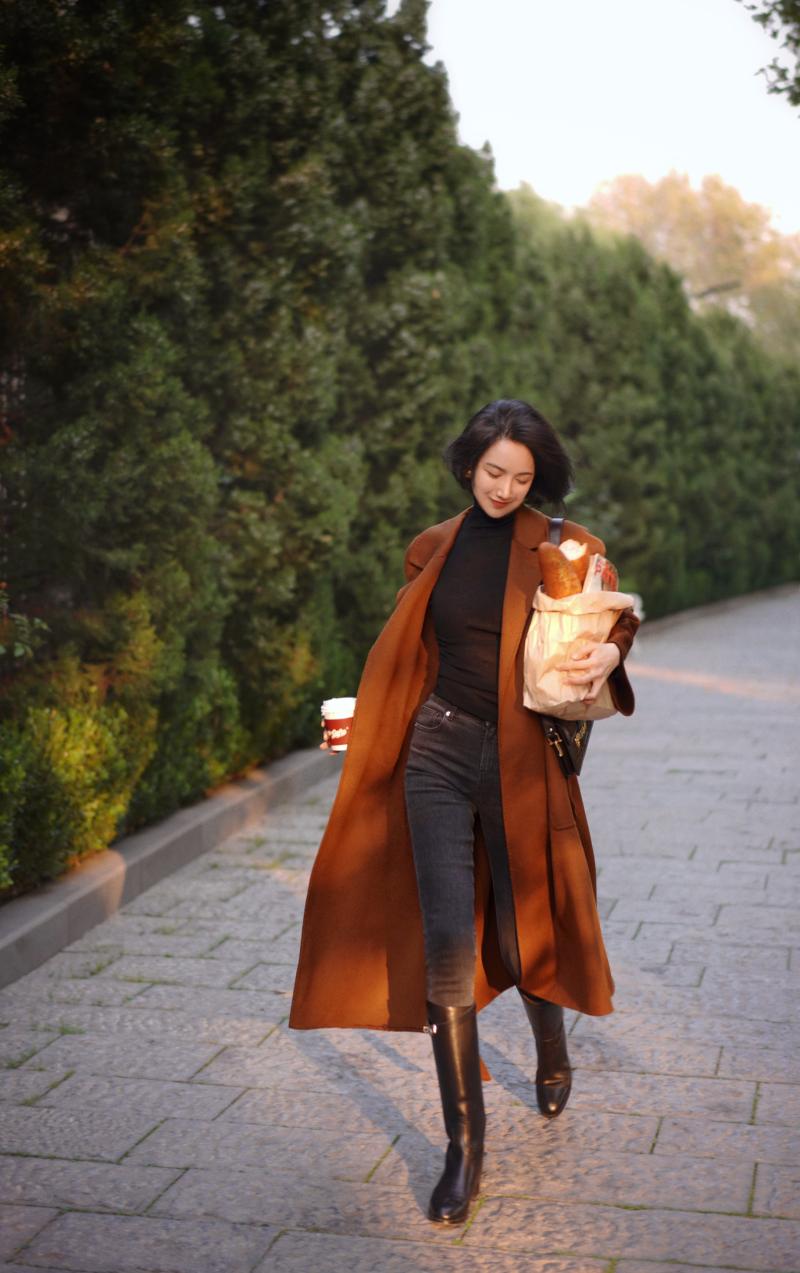 Gray Brown Lady Classical Long Wool Coat