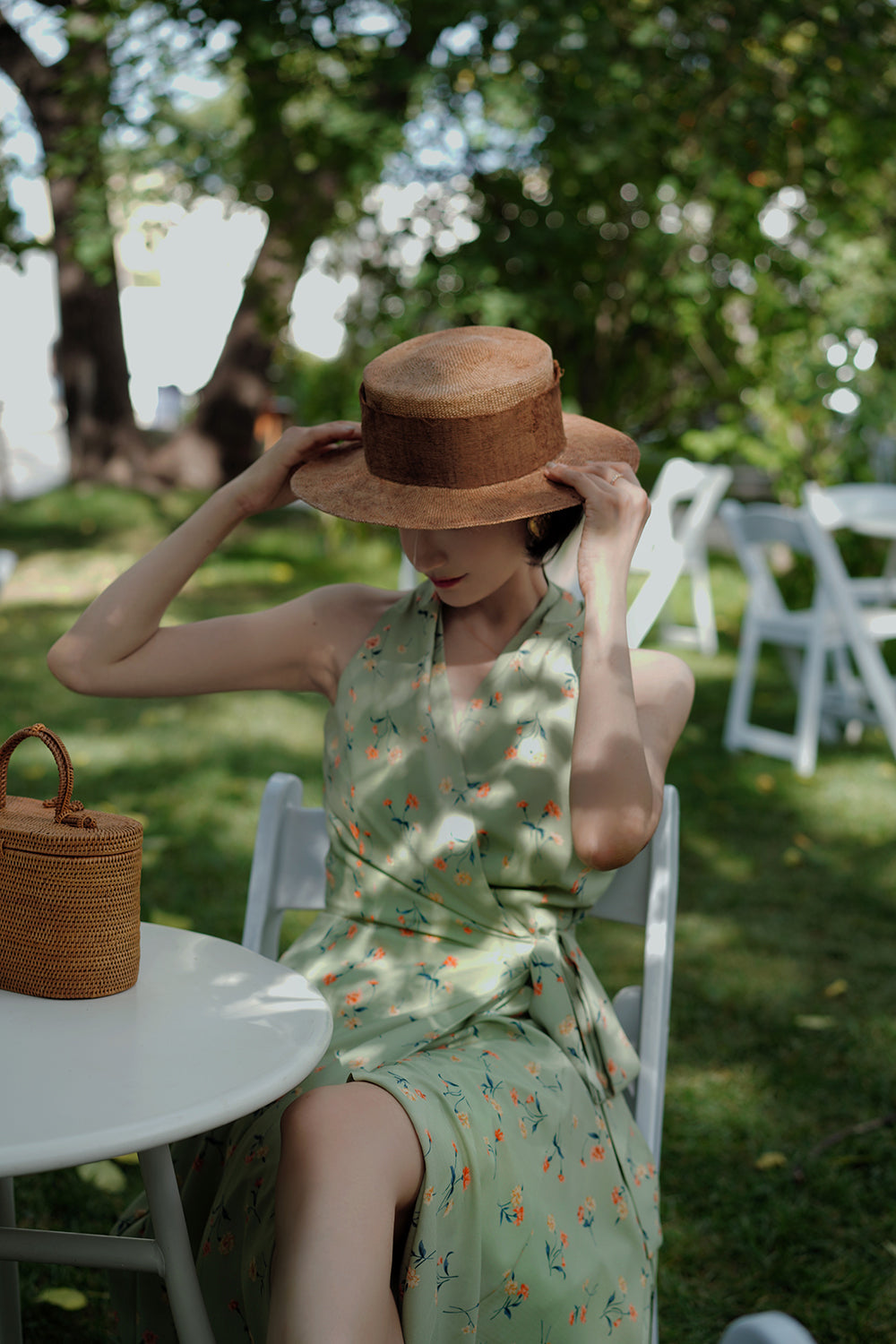 Gray green wrap sleeveless dress