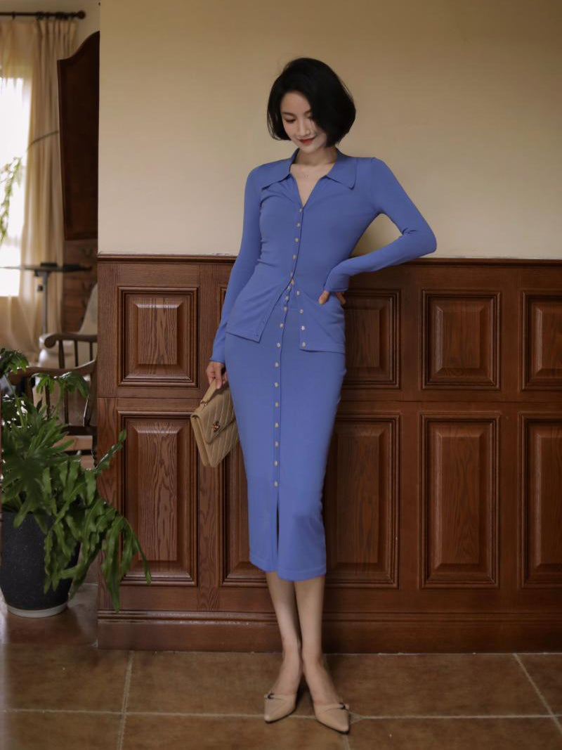 Blue-purple Lady Slim Knit Cardigan and Slim Knit Skirt