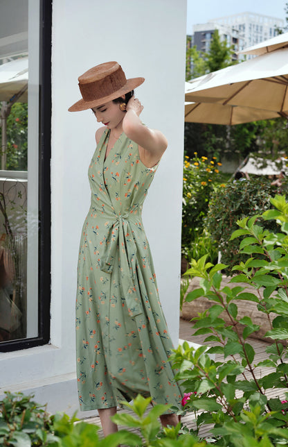 Gray green wrap sleeveless dress