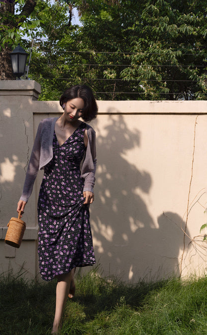 Violet pattern retro sleeveless dress