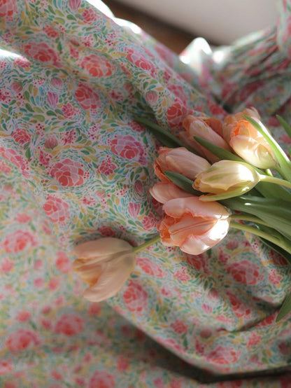 Peach green flower crowd retro dress