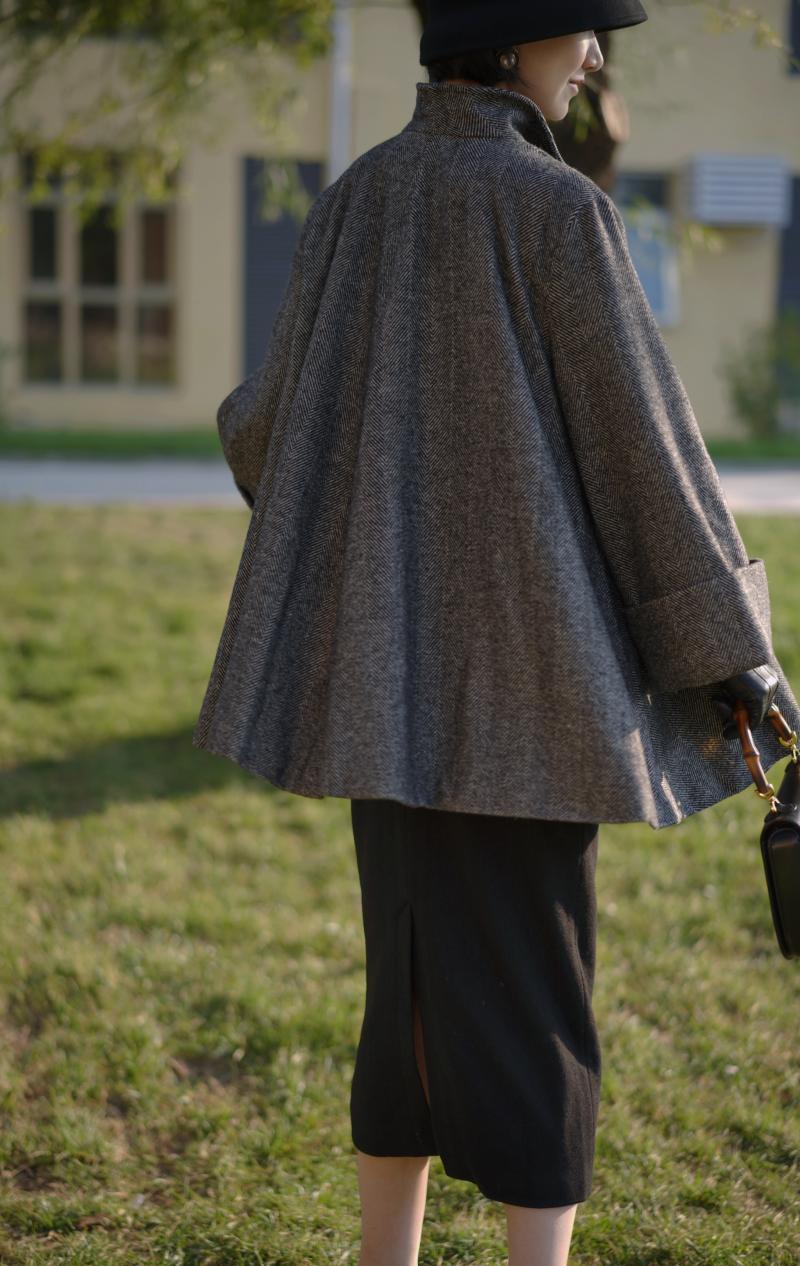 Black lady herringbone wool coat