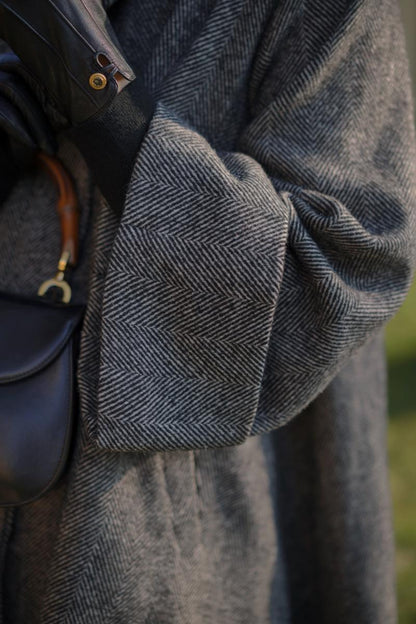 Black lady herringbone wool coat