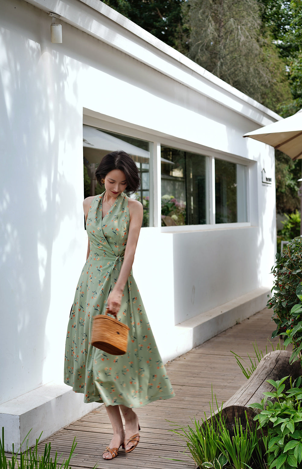 Gray green wrap sleeveless dress