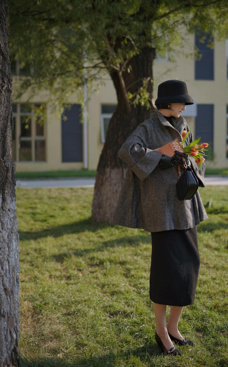 Black lady herringbone wool coat