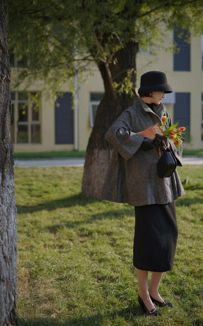 Black lady herringbone wool coat