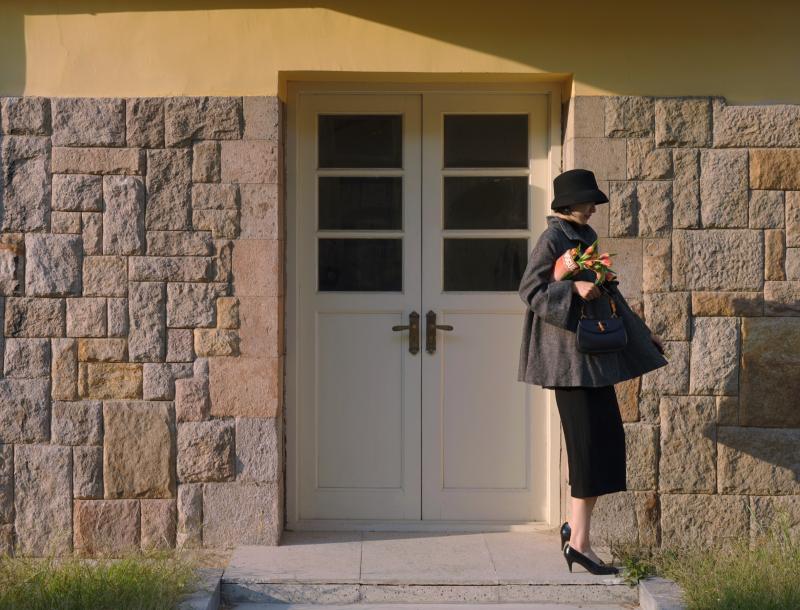 Black lady herringbone wool coat