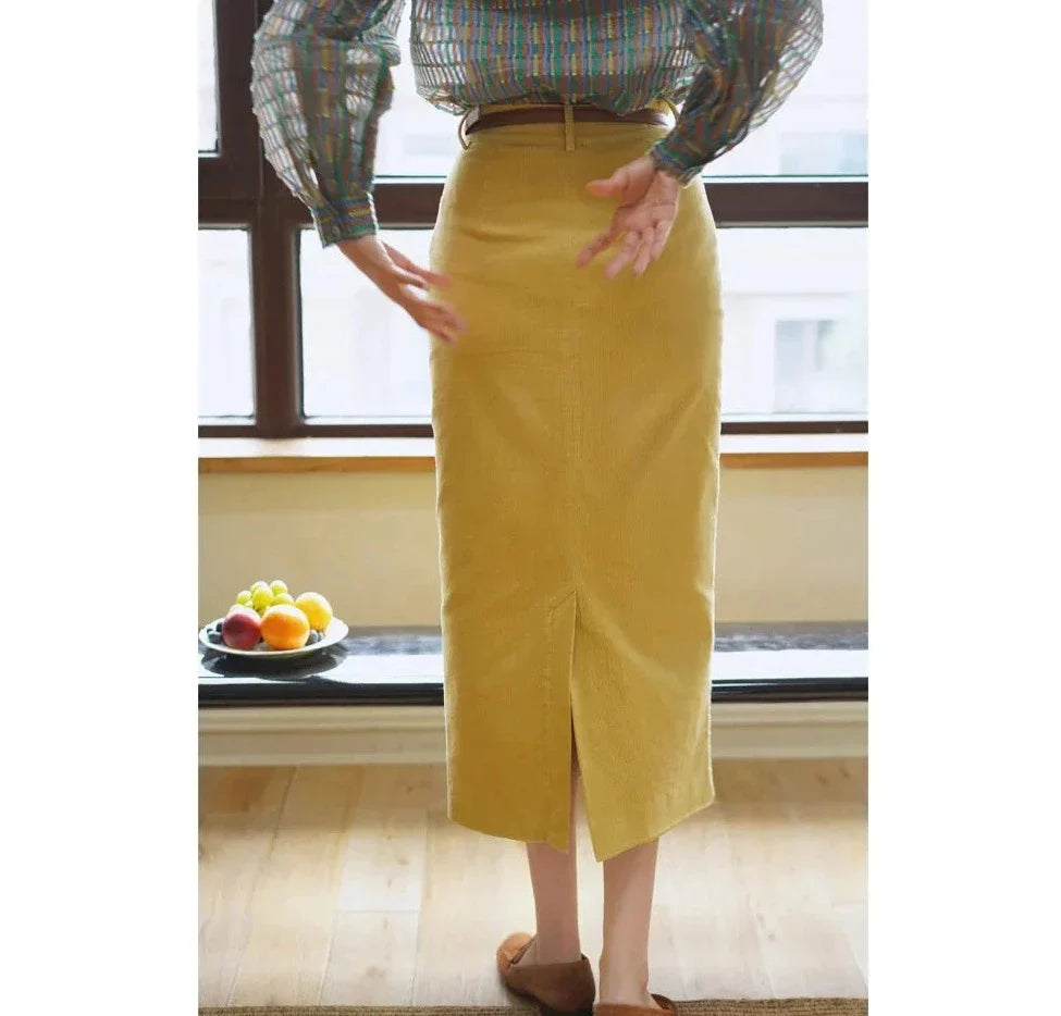 Dandelion colored corduroy tight slit skirt