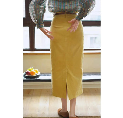 Dandelion colored corduroy tight slit skirt