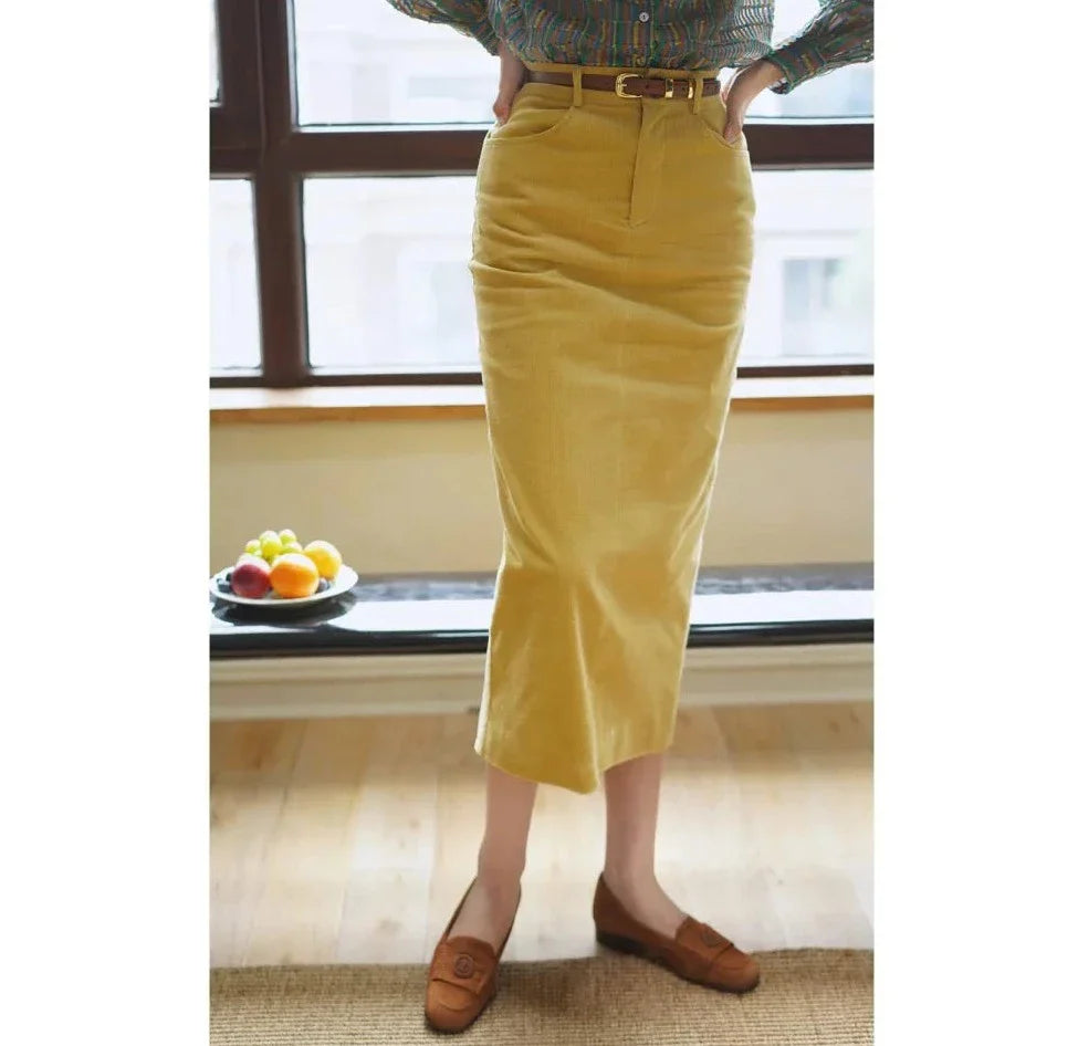 Dandelion colored corduroy tight slit skirt