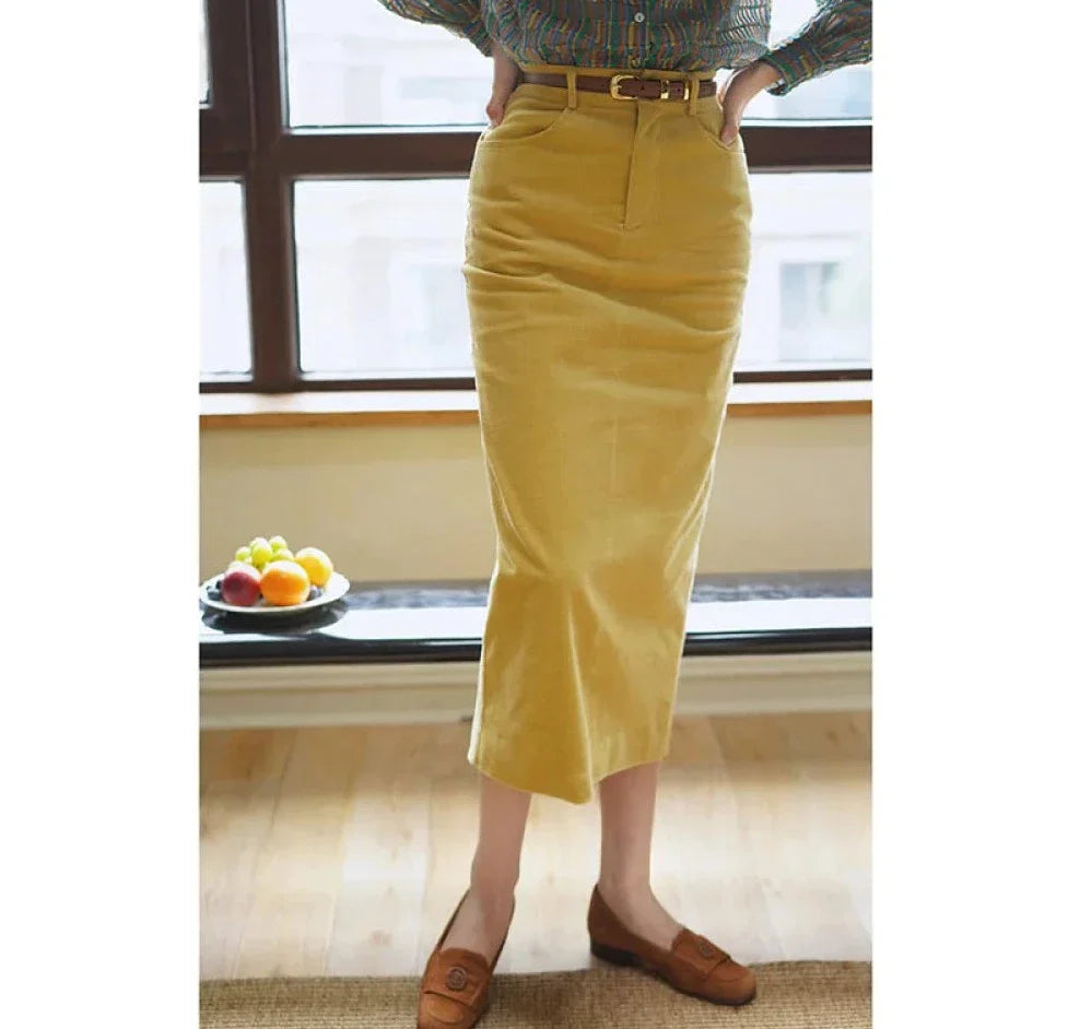 Dandelion colored corduroy tight slit skirt