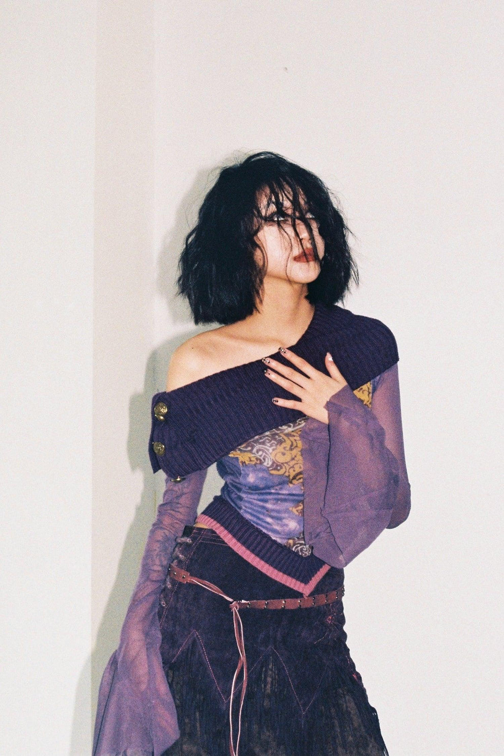 Purple Floral Knit Mesh Top