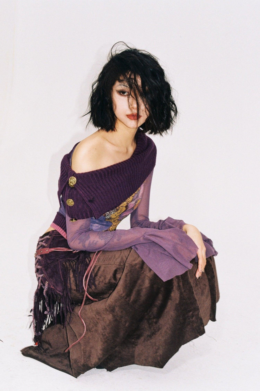 Purple Floral Knit Mesh Top