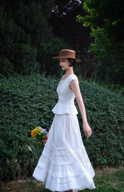 Pure white embroidered flare French blouse