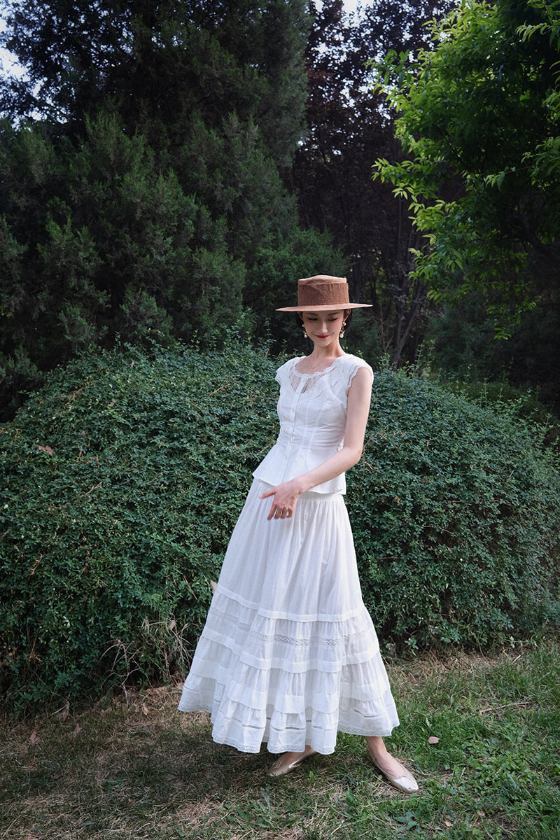 Pure white embroidered flare French blouse