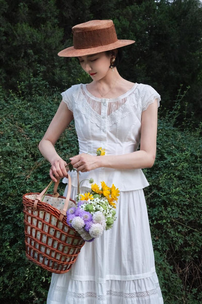 Pure white embroidered flare French blouse