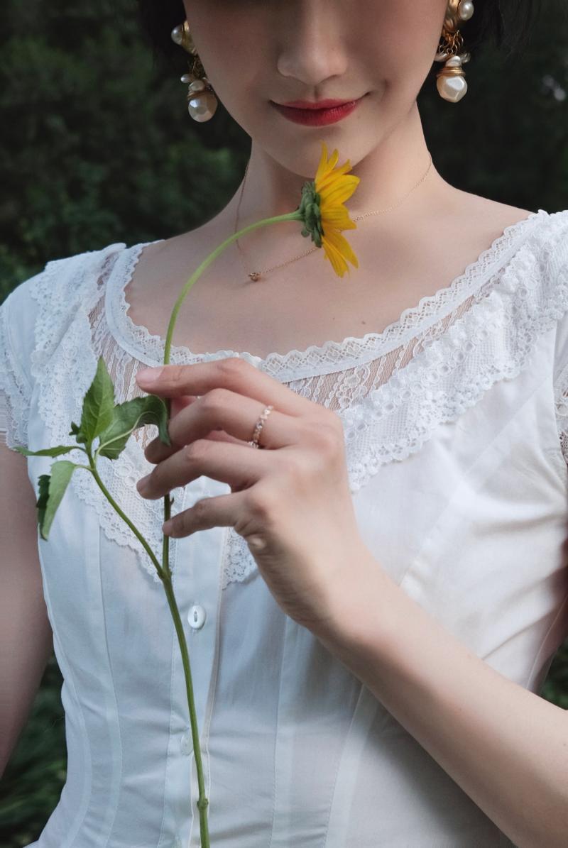 Pure white embroidered flare French blouse