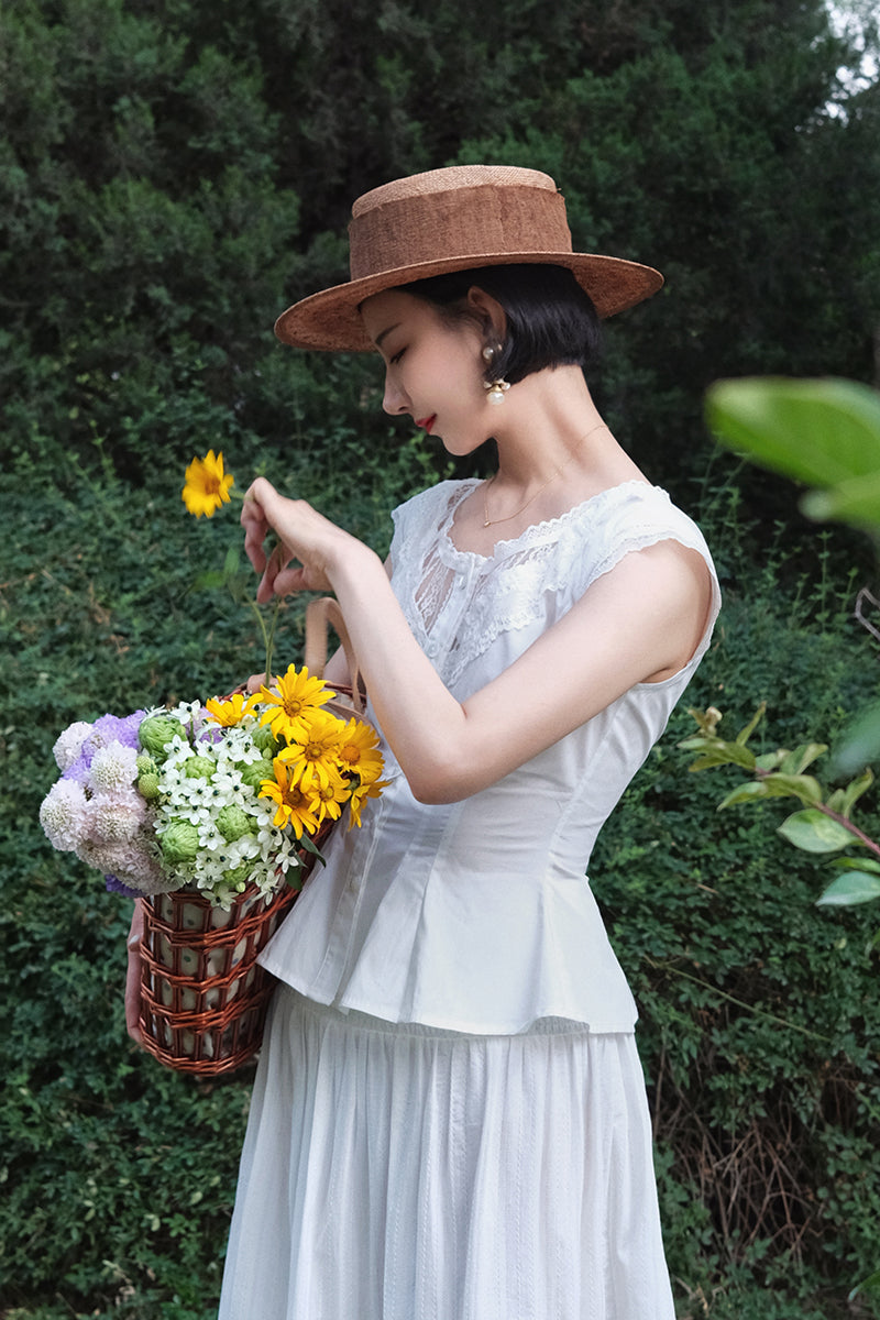 Pure white embroidered flare French blouse