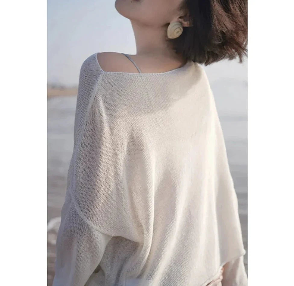 Melting see-through down shoulder knit