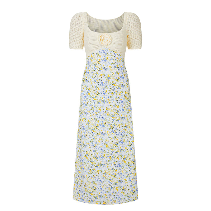 White floral pattern patchwork knit dress