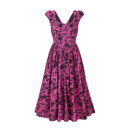 Red bellflower rose pattern Hepburn dress