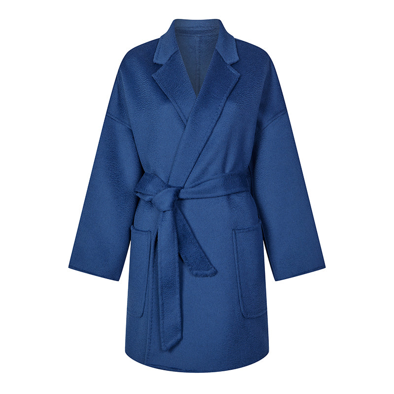 Navy Blue Lady Classical Middle Wool Coat