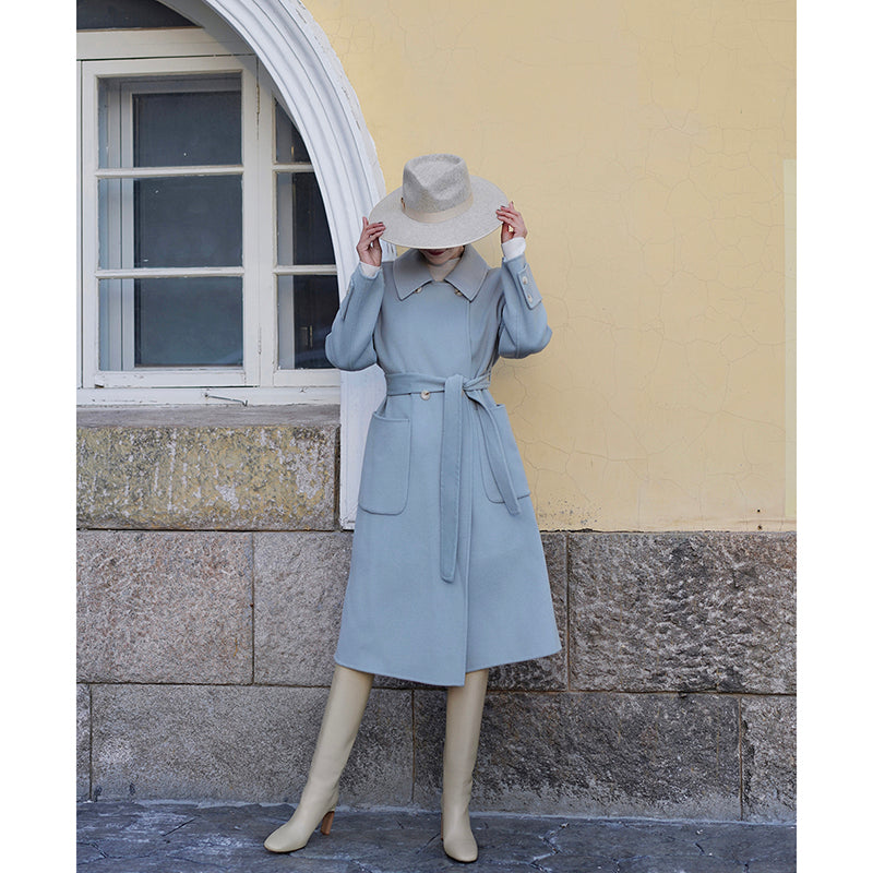 Sky blue classical belt wool coat