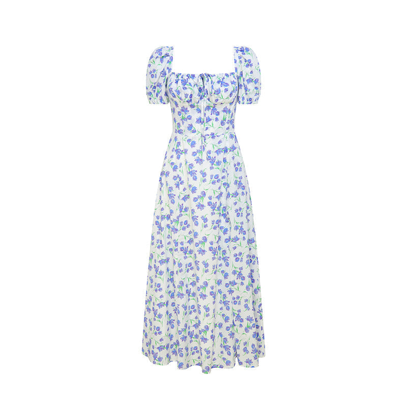 Blue Floral Pattern French Retro Dress