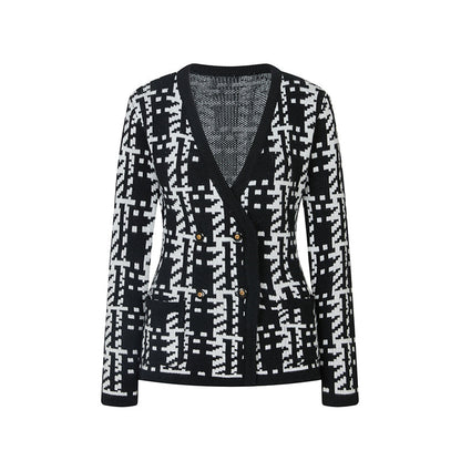 black and white geometric pattern knit jacket