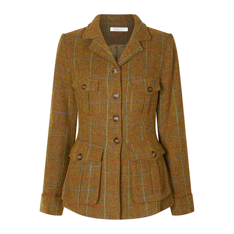 Gray-yellow-green plaid tweed jacket and tweed skirt