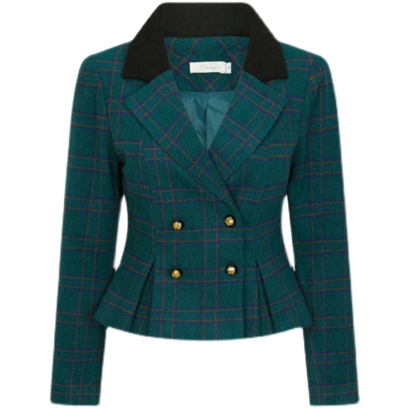 Indigo green plaid retro jacket and tight skirt and flared skirt